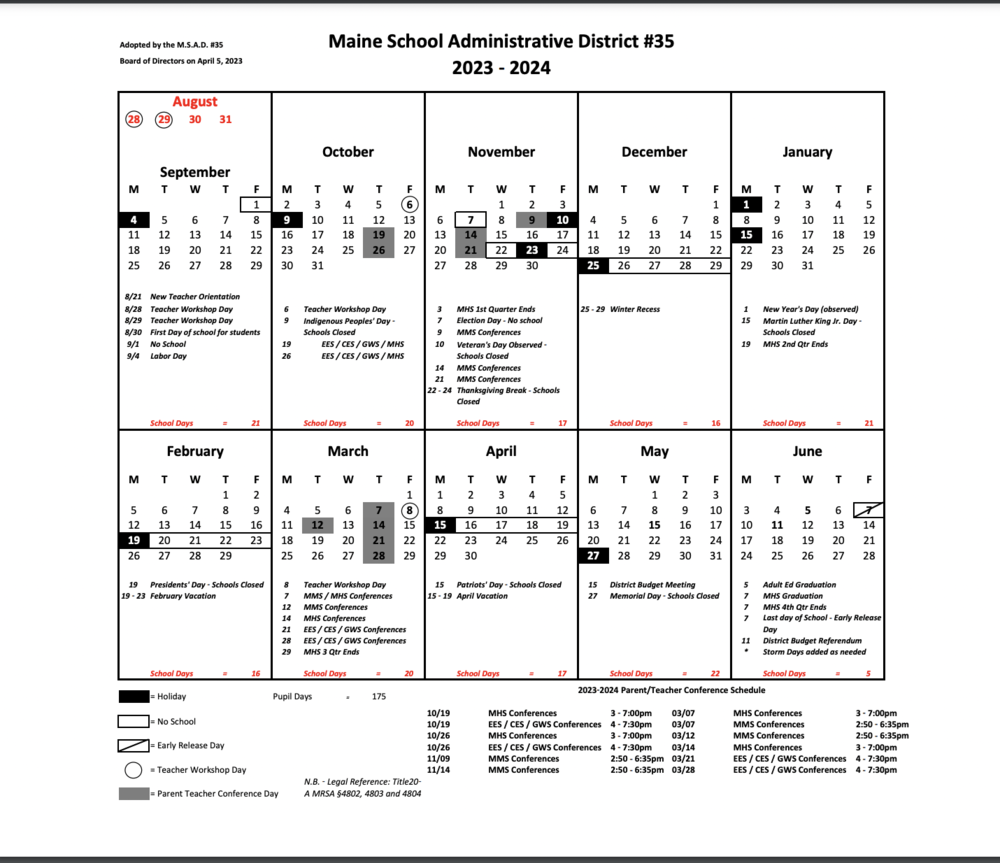 Marshwood School Calendar for 2023-2024