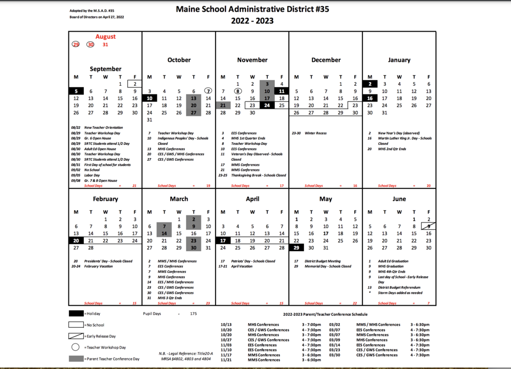 2022 2023 Marshwood School Calendar Central School