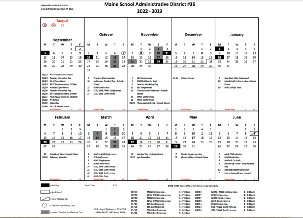 School Calendar for 20222023 MSAD 35