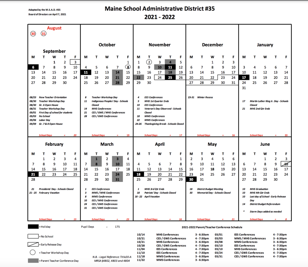 Marshwood School Calendar for 2021-2022