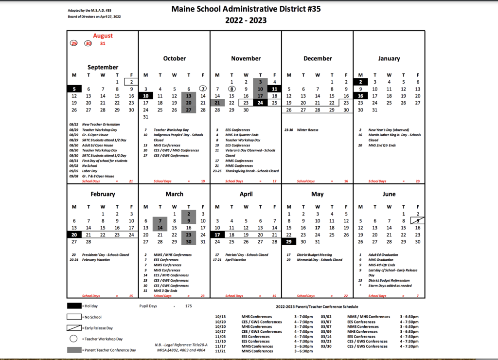 2022-2023 Marshwood School Calendar